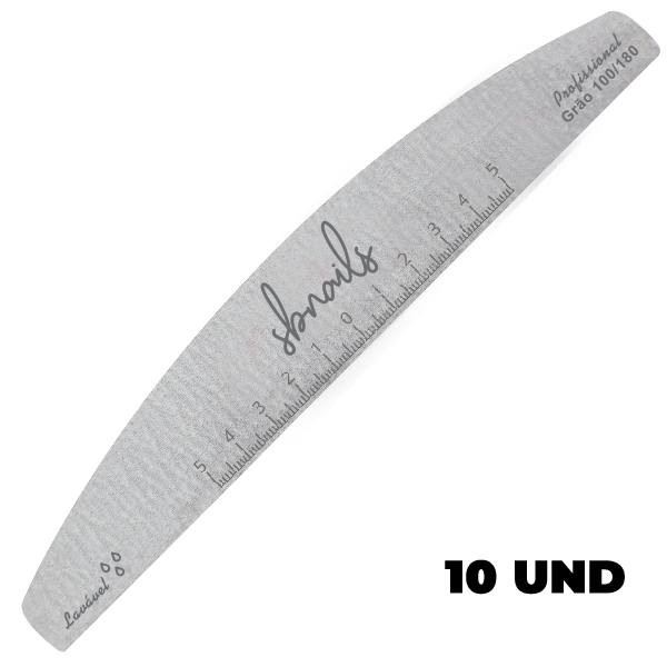 Lixa de unha cinza com marcações e texto