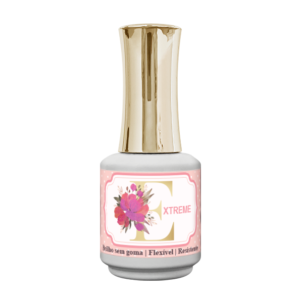 Frasco de verniz de unhas branco com tampa dourada e etiqueta floral e texto