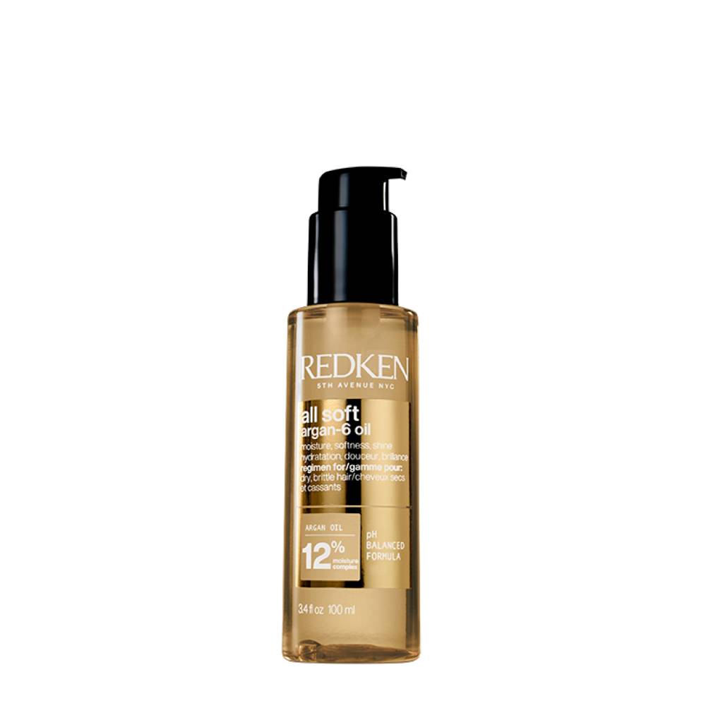 Frasco de óleo capilar Redken all soft argan-6 oil 100 ml com bomba preta
