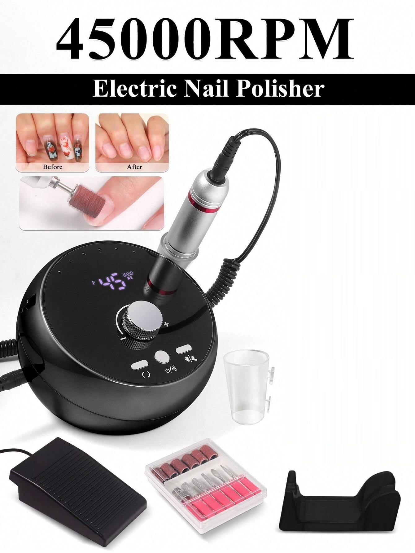 Máquina polidora elétrica de unhas preta com acessórios
