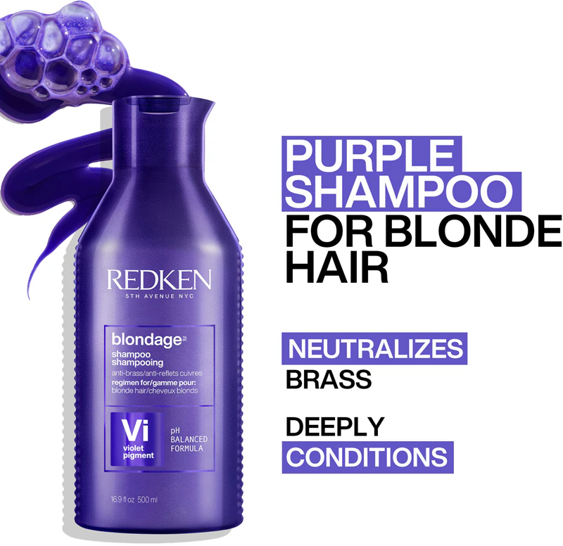 Frasco roxo de shampoo Redken Blondage para cabelo loiro com texto em fundo branco