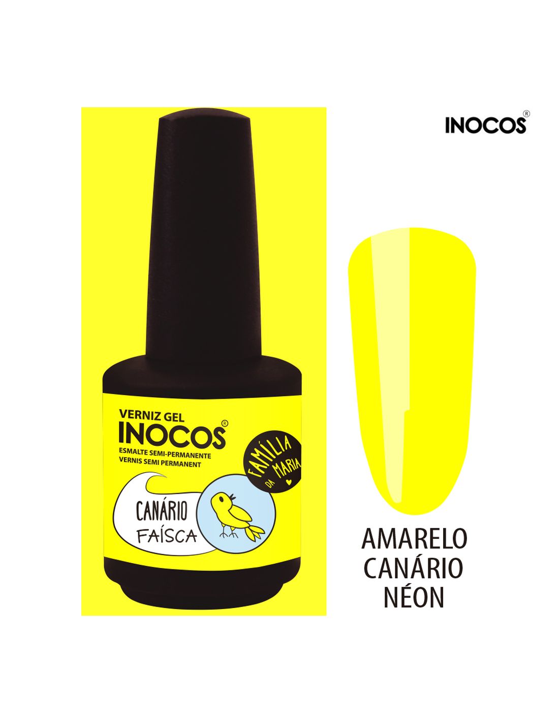 Frasco de verniz gel amarelo com etiqueta e amostra da cor
