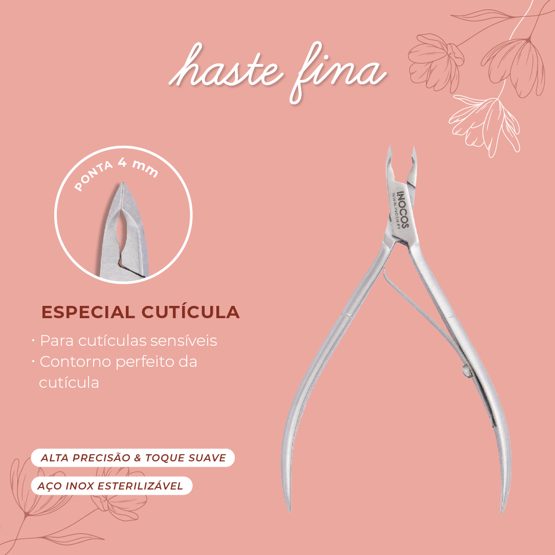 Tesoura de cutícula em aço inoxidável com ponta fina, sobre fundo rosa