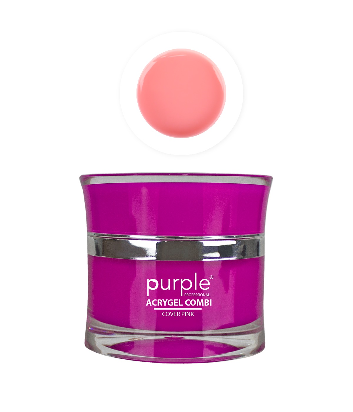 Frasco roxo de acrylgel com amostra rosa claro acima