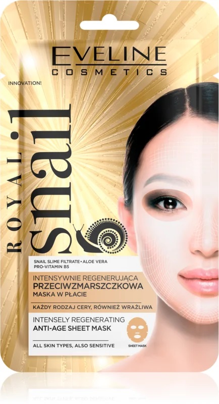 Embalagem dourada de máscara facial anti-idade Eveline Cosmetics com imagem de rosto feminino