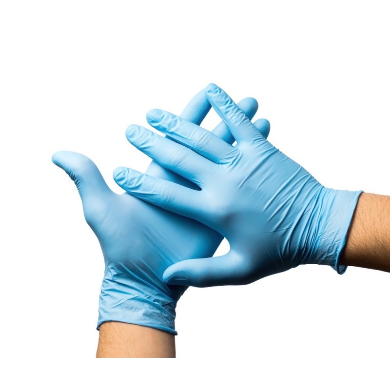 Luvas descartáveis azuis em mãos de pessoa