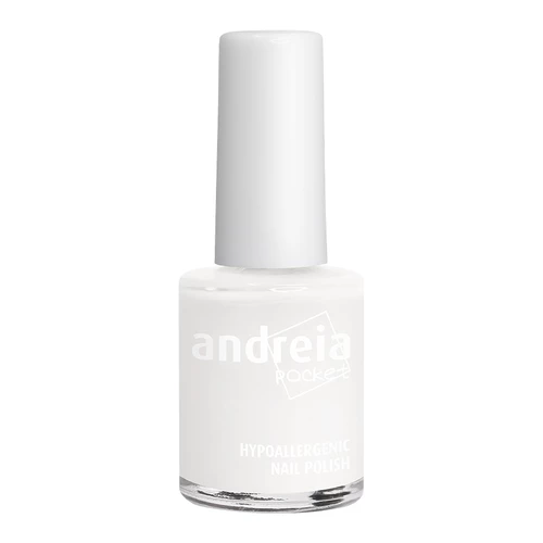 Frasco de verniz de unhas branco com tampa e texto da marca Andreia Rocket.