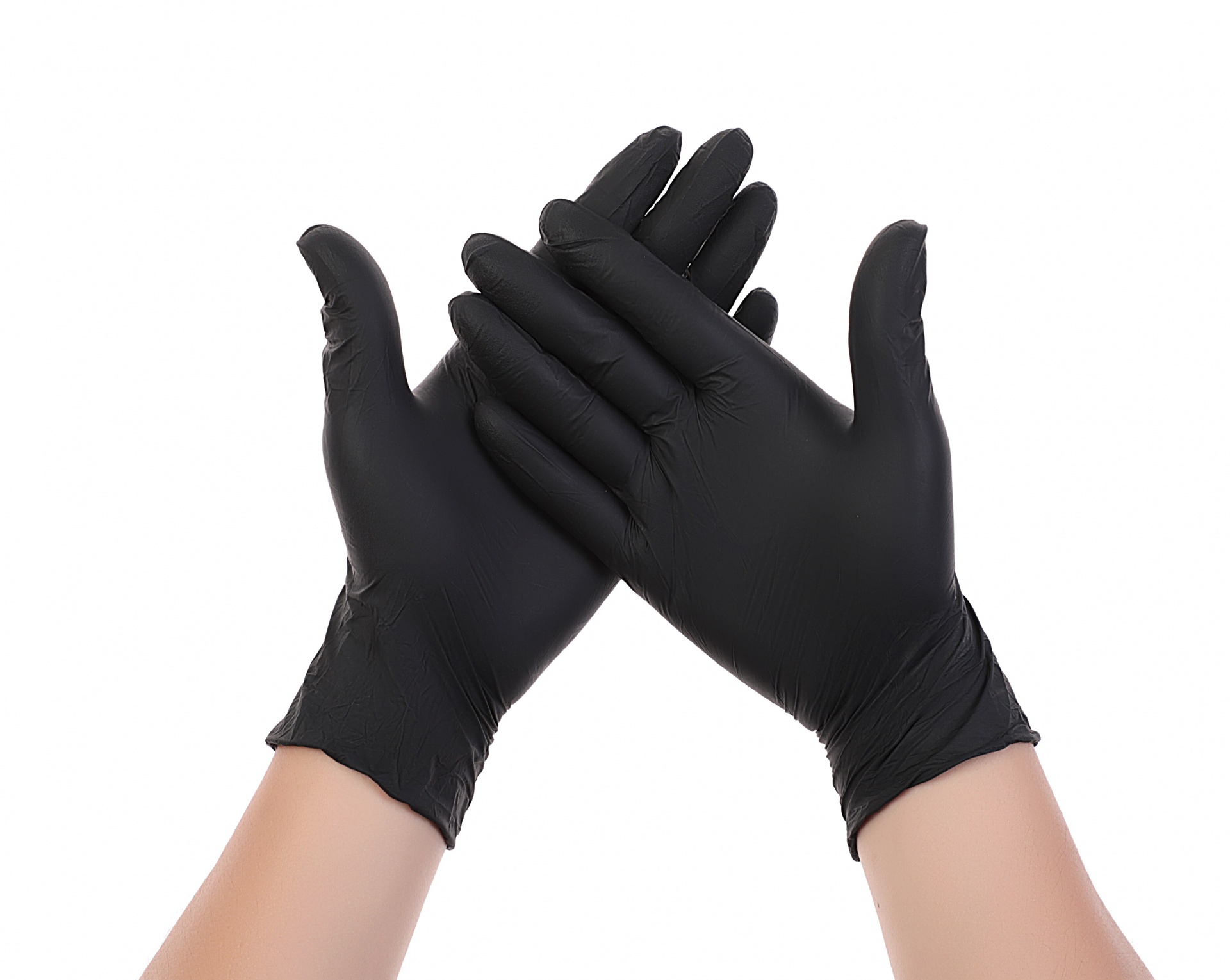 Par de luvas pretas finas em ambas as mãos com fundo branco