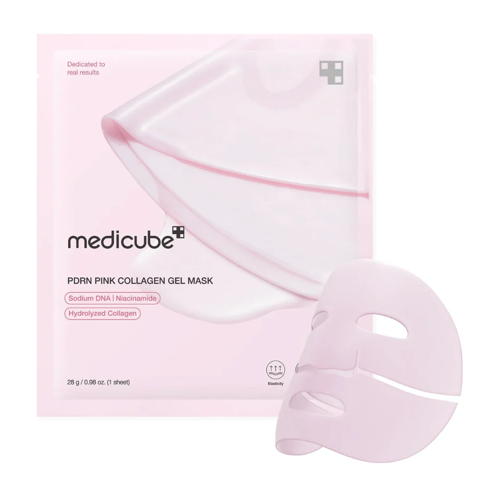 Máscara facial em gel rosa e embalagem rosa com texto medicube PDRN PINK COLLAGEN GEL MASK