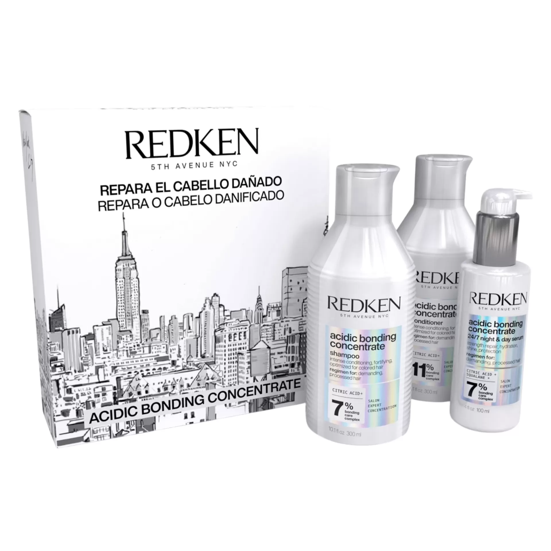 Produtos Redken Acidic Bonding Concentrate para cabelo danificado com embalagem e caixa brancas