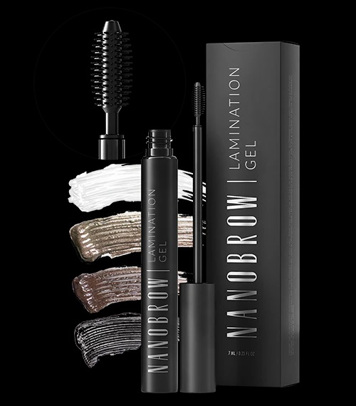 Gel para sobrancelhas Nanobrow Lamination Gel com caixa preta e quatro tonalidades de gel em fundo preto.