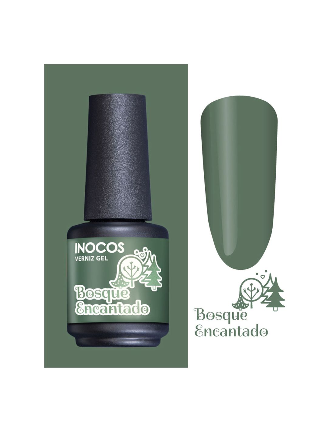 Verniz gel verde INOCOS Bosque Encantado com amostra de cor