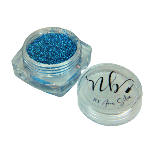 Pote transparente com glitter azul e tampa com texto nb BY Ana Silva