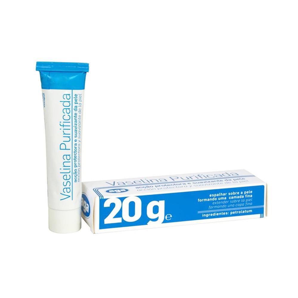 Tubo e caixa de Vaselina Purificada 20 g com texto em português