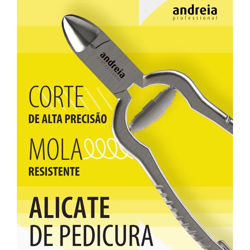 Alicate de pedicura em metal prateado com texto promocional amarelo
