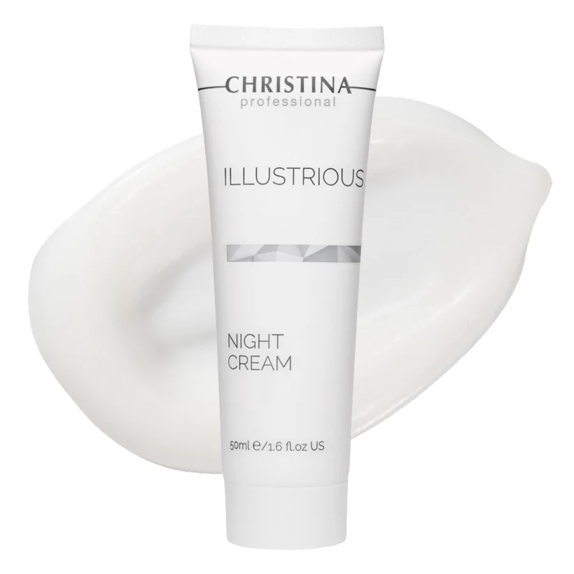 Tubo branco de creme facial Christina Illustrious Night Cream sobre fundo branco