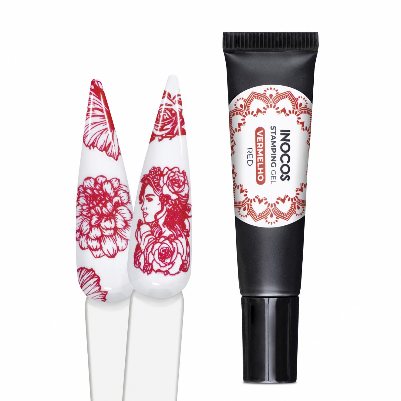 Tubo de verniz INOCOS vermelho com amostras de unhas decoradas