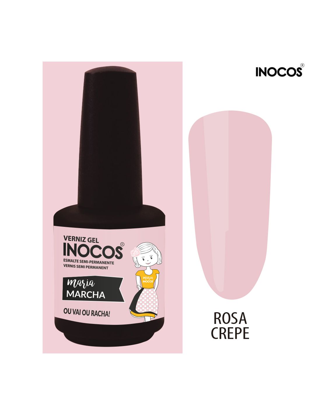 Frasco de verniz gel INOCOS rosa crepe com rótulo ilustrado e amostra da cor