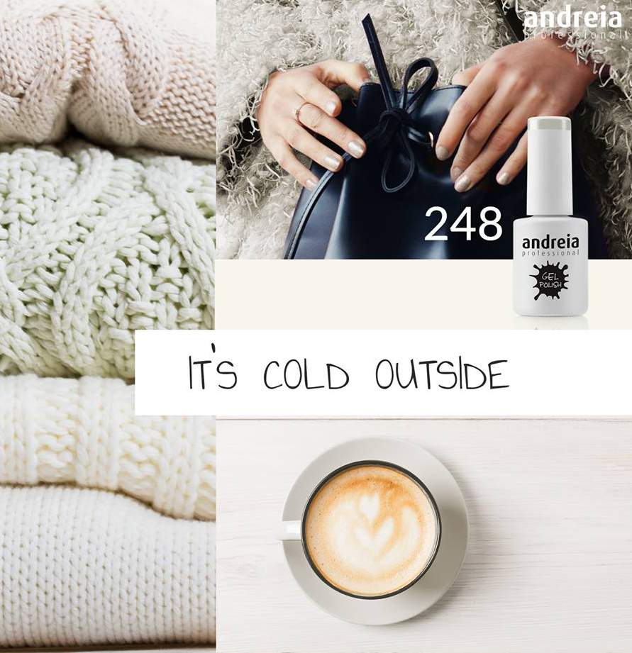 Creme de unhas Andreia 248 junto a malhas de lã e chávena de café.