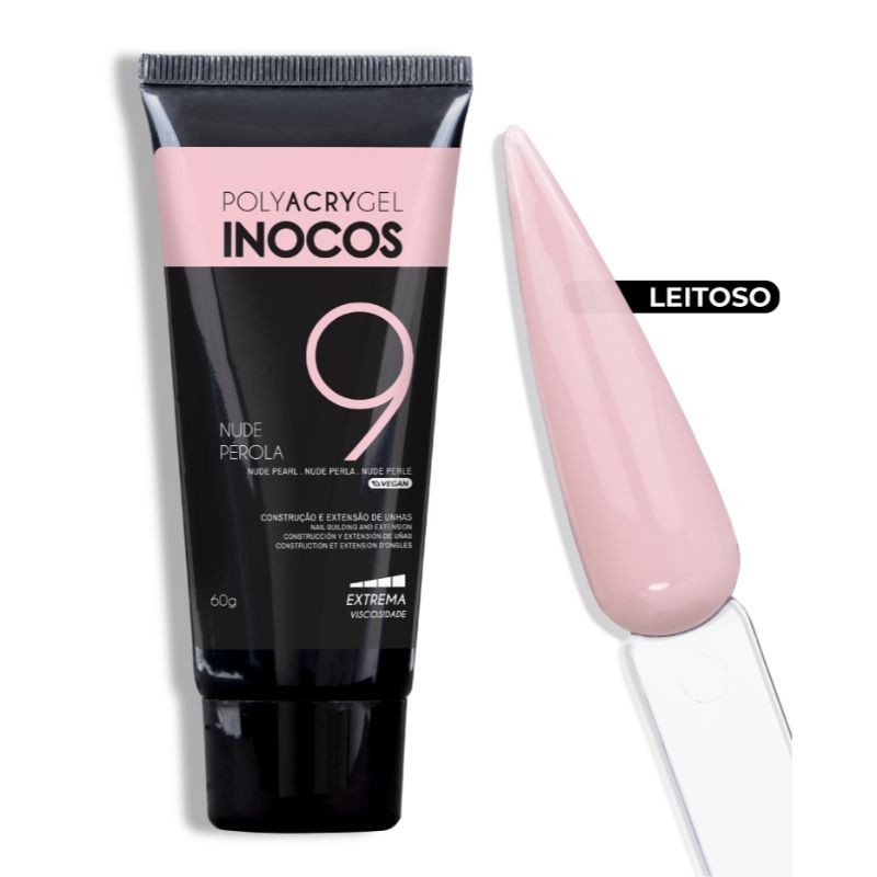 Tubo de gel acrílico preto e rosa com amostra de cor rosa leitoso