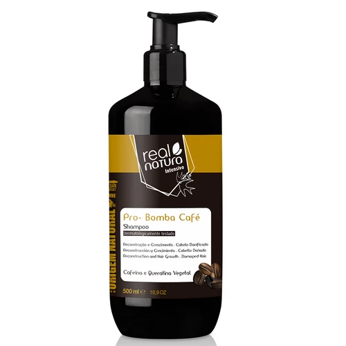 Frasco preto de shampoo Real Natura Pro-Bomba Café com dispensador e rótulo amarelo e preto