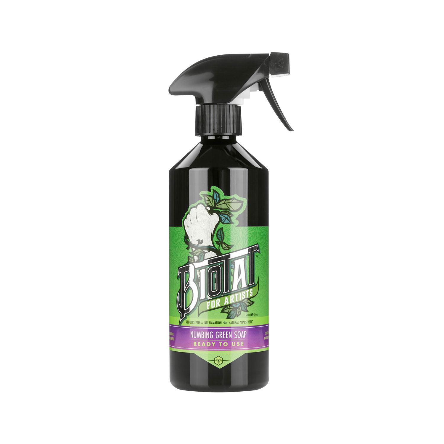 Frasco de spray preto com etiqueta verde e roxa com texto e ilustração