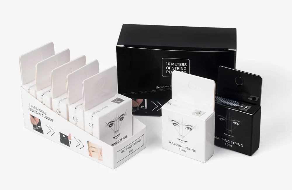 Embalagens de fio para sobrancelhas em cores preta e branca com texto e ilustração de rosto