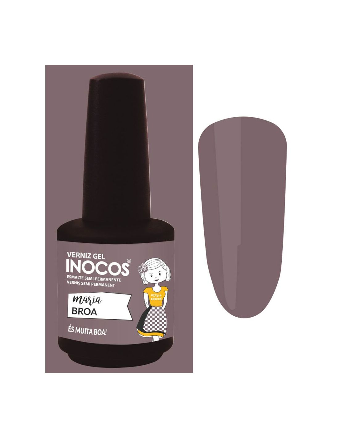 Frasco de verniz gel INOCOS cor Maria Broa com rótulo e amostra da cor.