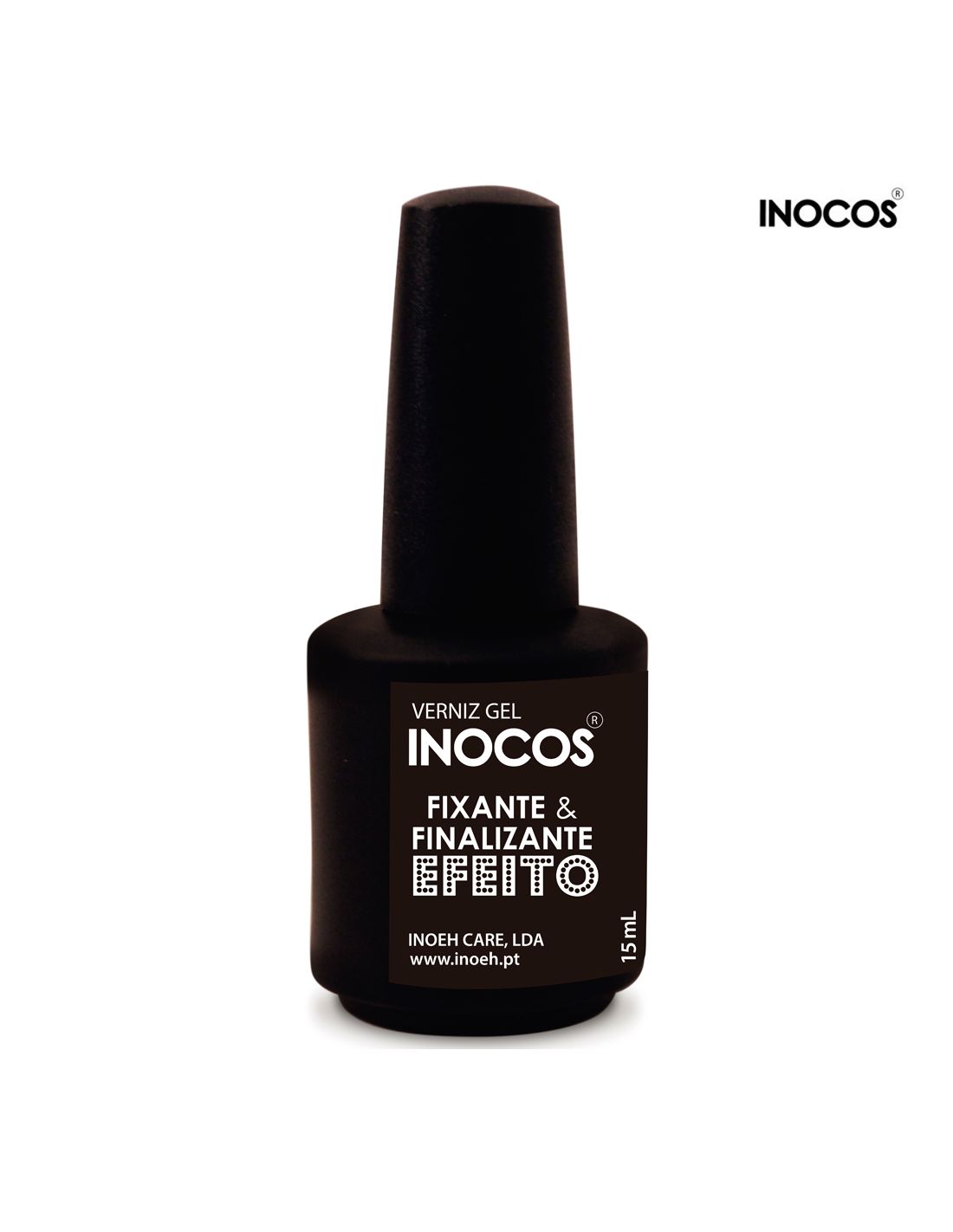 Frasco de verniz gel preto fosco INOCOS com texto branco sobre fundo branco