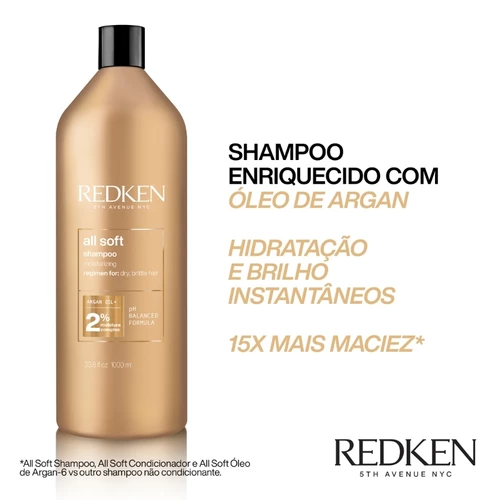 Garrafa dourada de shampoo Redken All Soft com texto promocional de óleo de argan