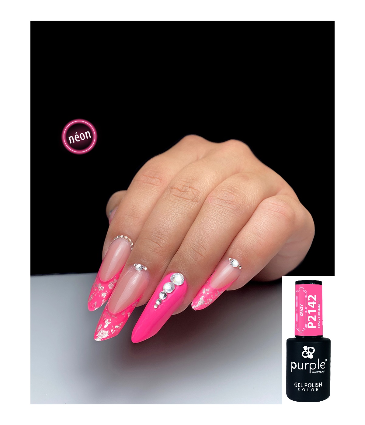 Unhas postiças rosa néon com pedras e esmalte Purple Gel Polish P2142