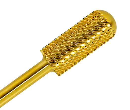 Broca rotativa dourada com textura áspera e padrão cortante helicoidal