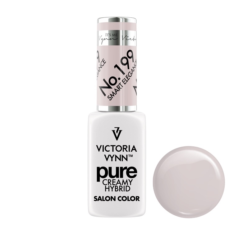 frasco de verniz para unhas Victoria Vynn Pure Creamy Hybrid e amostra da cor bege claro