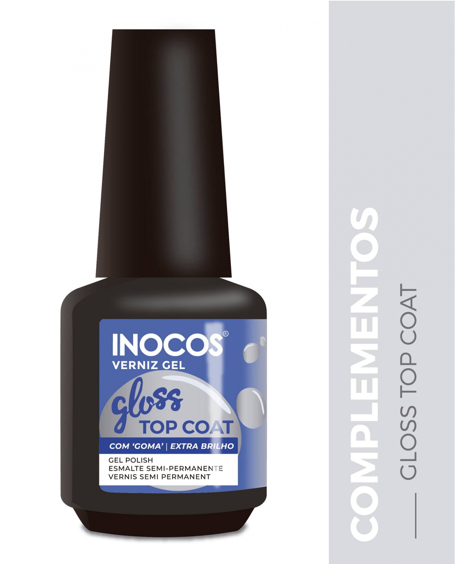 Frasco preto de verniz gel INOCOS Gloss Top Coat com etiqueta azul e cinza