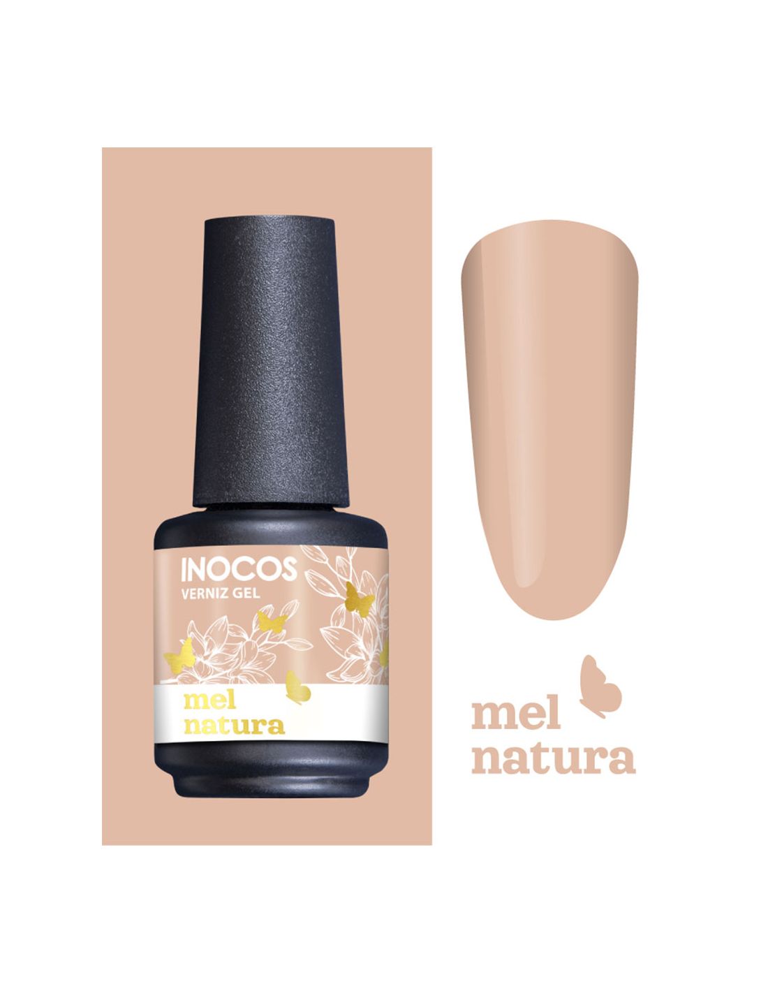 Frasco de verniz gel INOCOS mel natura com amostra da cor bege claro