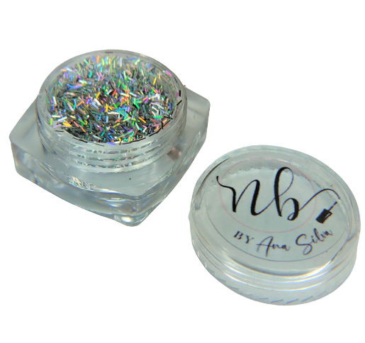 Frasco de glitter prateado holográfico com tampa removível e etiqueta