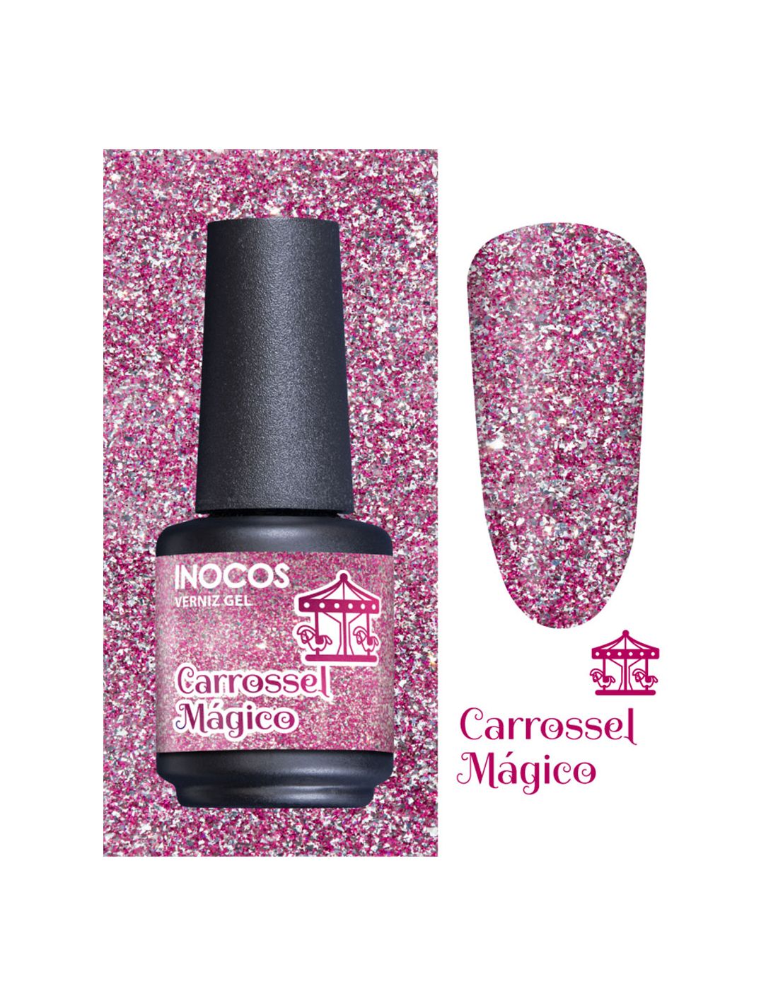 Verniz gel rosa com purpurinas prateadas Inocos Carrossel Mágico