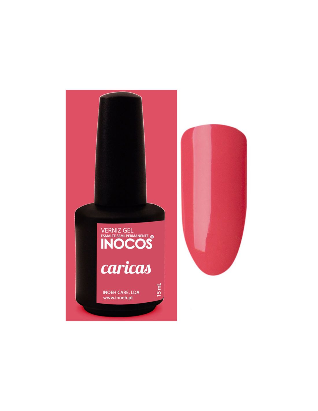 Verniz gel INOCOS cor caricas com amostra da cor em rosa brilhante