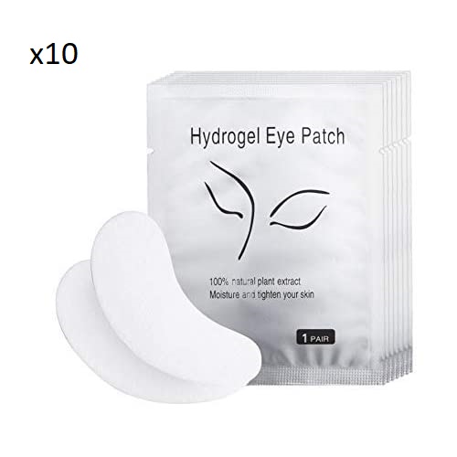 Pacotes de Hydrogel Eye Patch e dois parches de hidrogel brancos em fundo branco