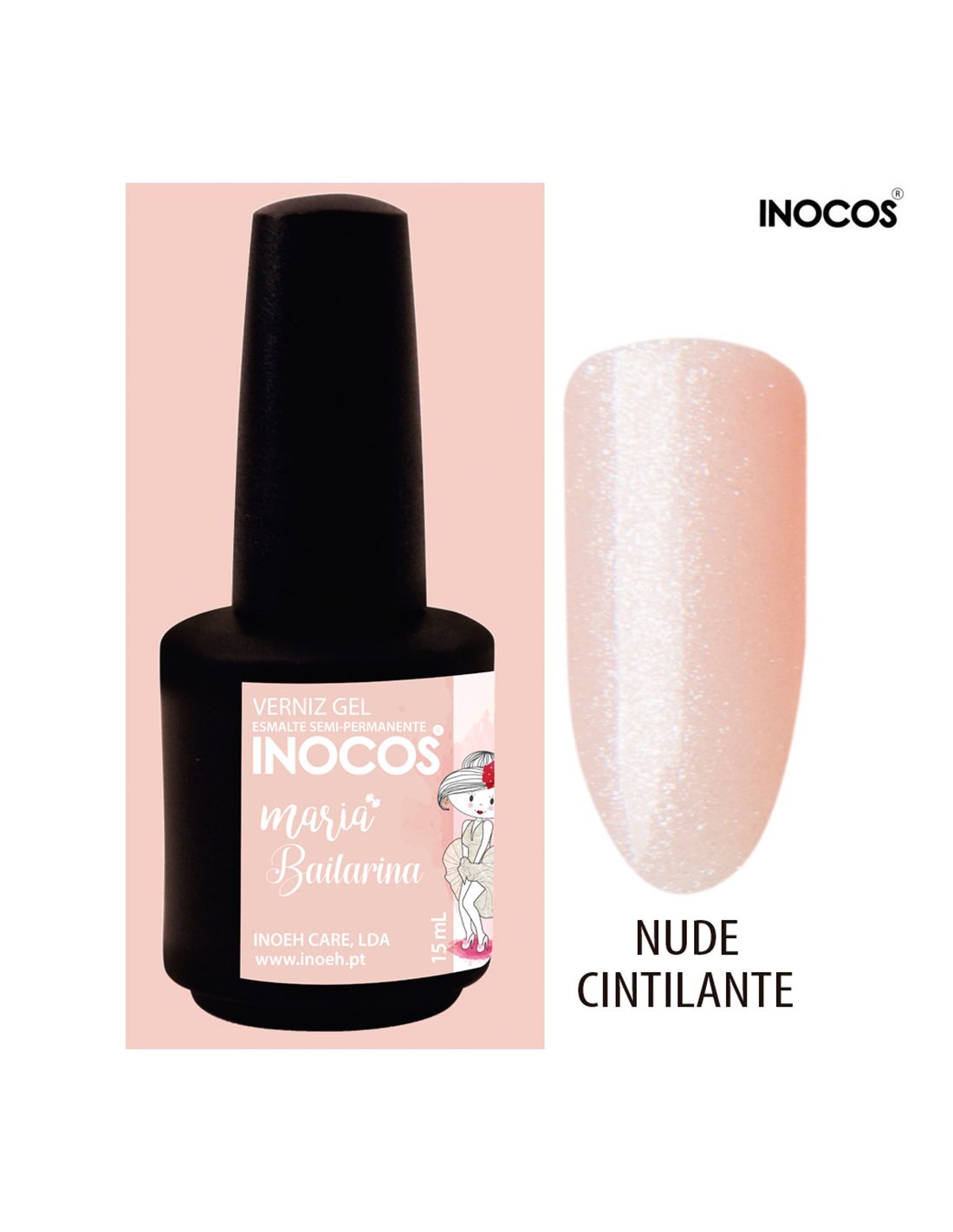 Verniz gel INOCOS cor nude cintilante com frasco preto
