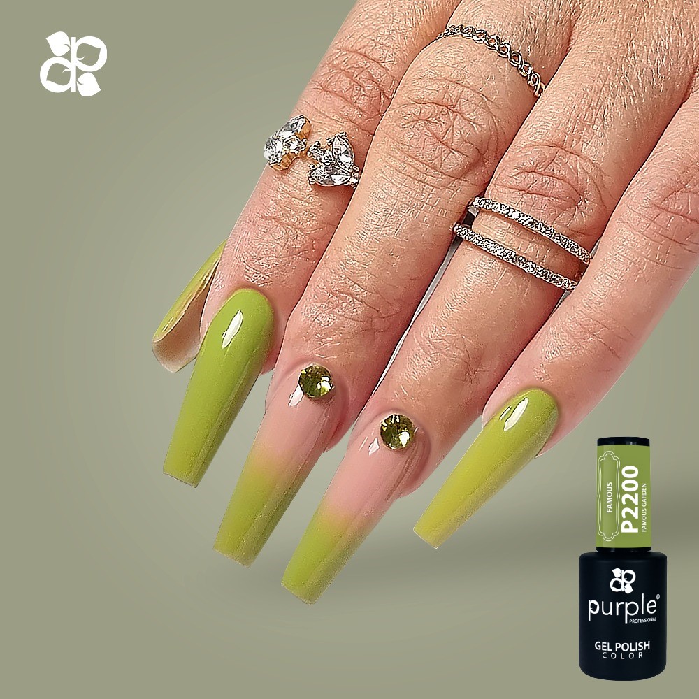 Unhas gel verde e rosa com pedras, frascos de verniz gel Purple P2200