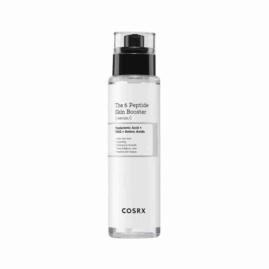 Frasco de serum facial COSRX transparente com tampa preta e rótulo com texto em inglês