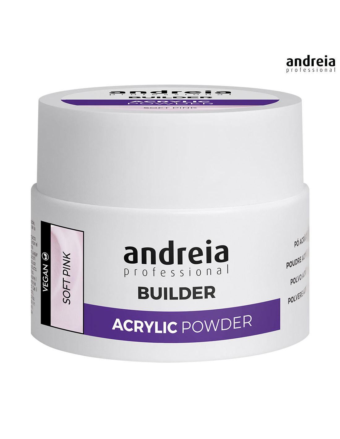 Pote branco de pó acrílico Soft Pink da andreia professional builder com rótulo roxo e preto