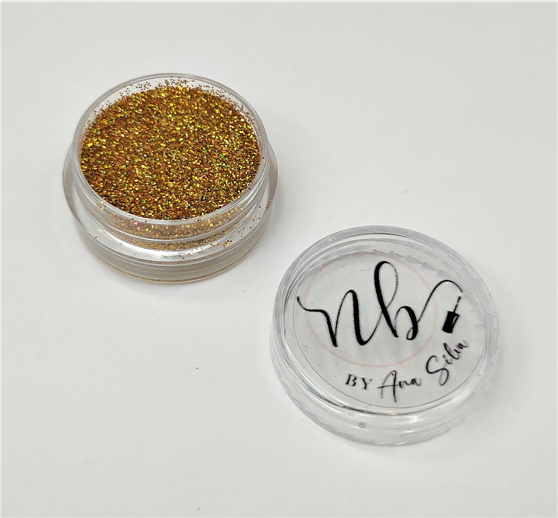 Frasco de purpurina dourada com tampa transparente e texto nb BY Anna Silvia
