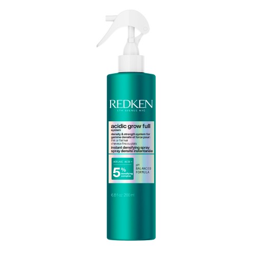Frasco spray cabelo Redken Acideric Grow Full verde metálico com tampa branca