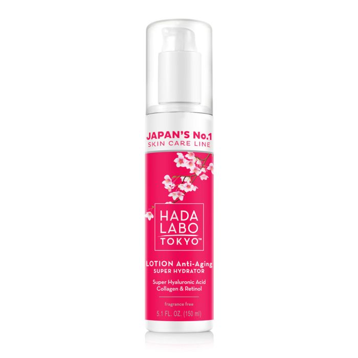 Frasco plástico branco e rosa de loção Hada Labo Tokyo