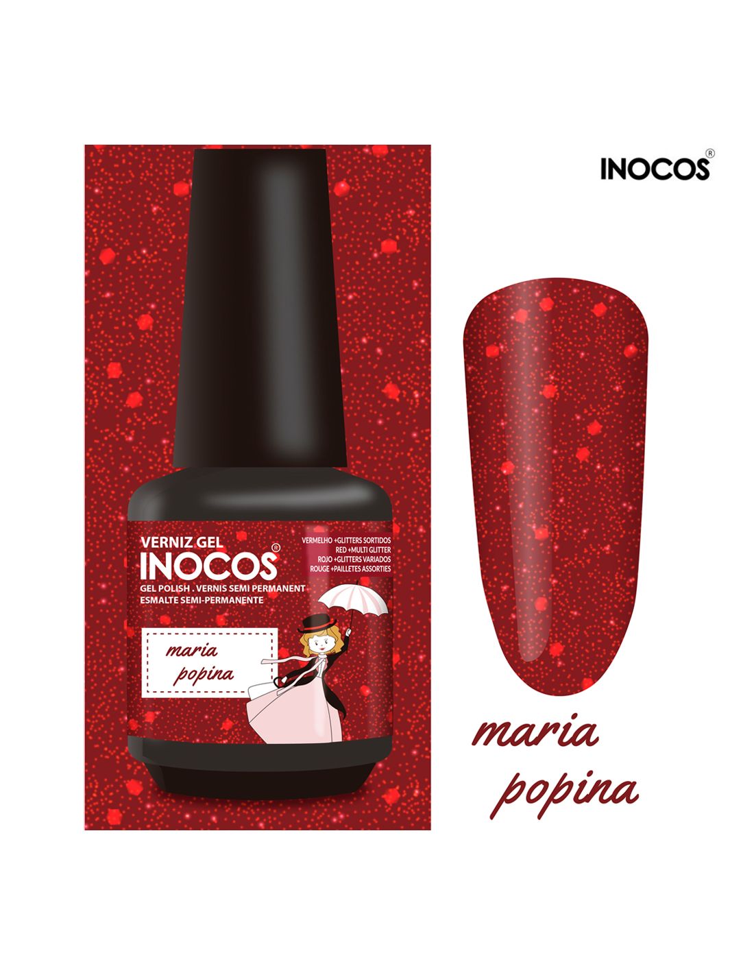 Verniz gel INOCOS cor maria popina vermelho com glitter.