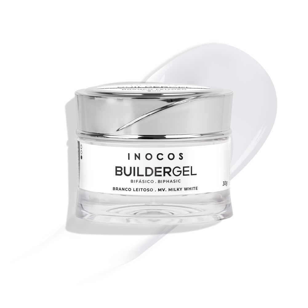 Gel bifásico branco leitoso para unhas em frasco transparente com tampa prateada