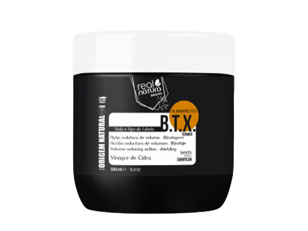 Pote preto com tampa branca contendo produto capilar Real Natura B.T.X Alisamento Térmico