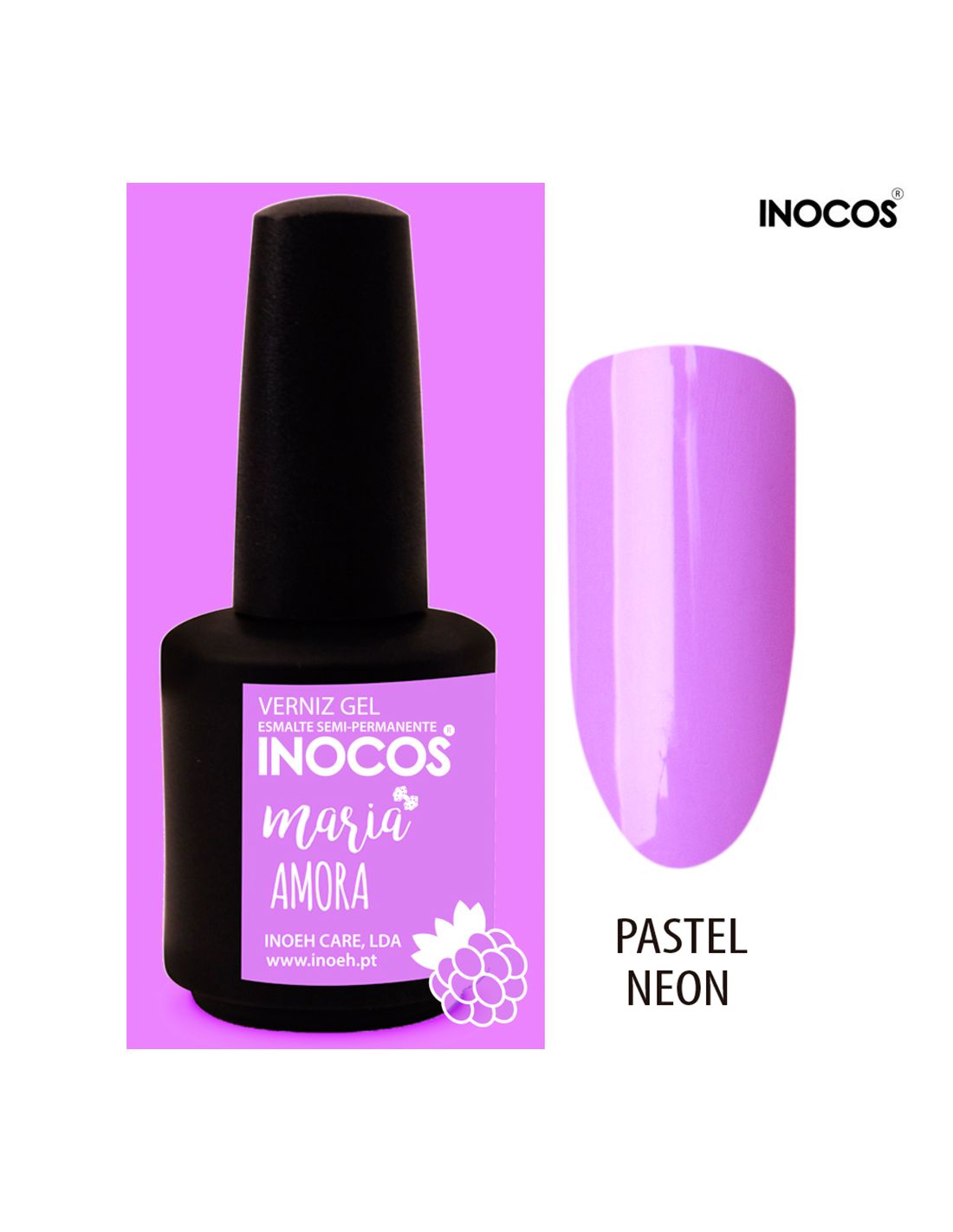 Verniz gel INOCOS Maria cor Amora lilás pastel neon com embalagem preta